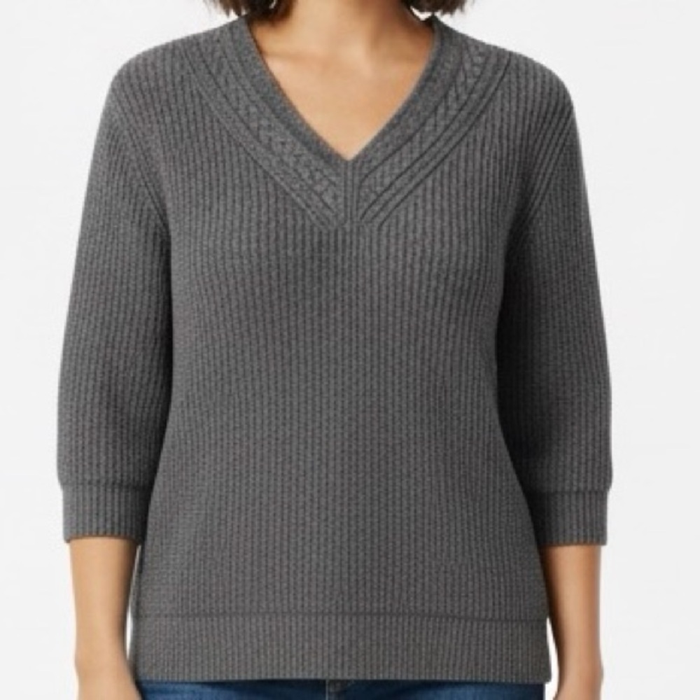 Lands’ End Gray Cable Knit V-Neck 3/4 Sleeve Sweater Sz 1X (16W-18W) EUC Classic